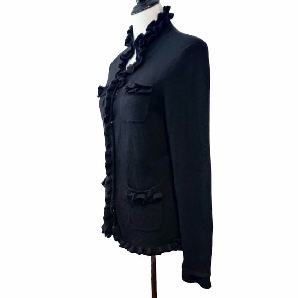 Collection Fifty Nine Womens Black 100% Cashmere Ruffle Trim Snaps Cardigan M - Picture 2 of 9